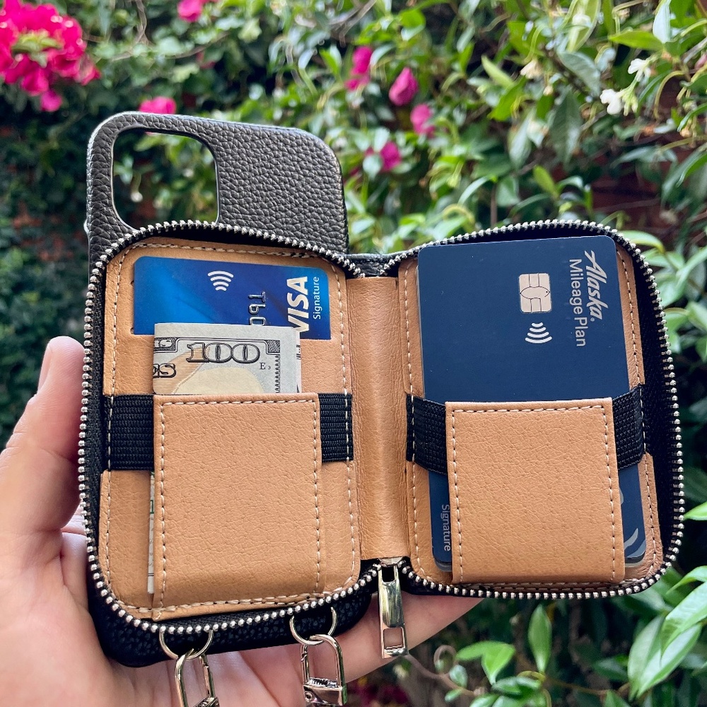 Black Leather Crossbody iPhone Case for 12/13/14/15/16  Pro, Max, Zipper Wallet